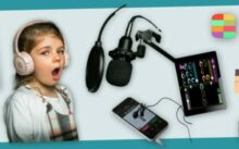 musicien intervenant - un enfant avec un casque audio, la bouche ouverte devant un micro professionnel, tablette, smartphone