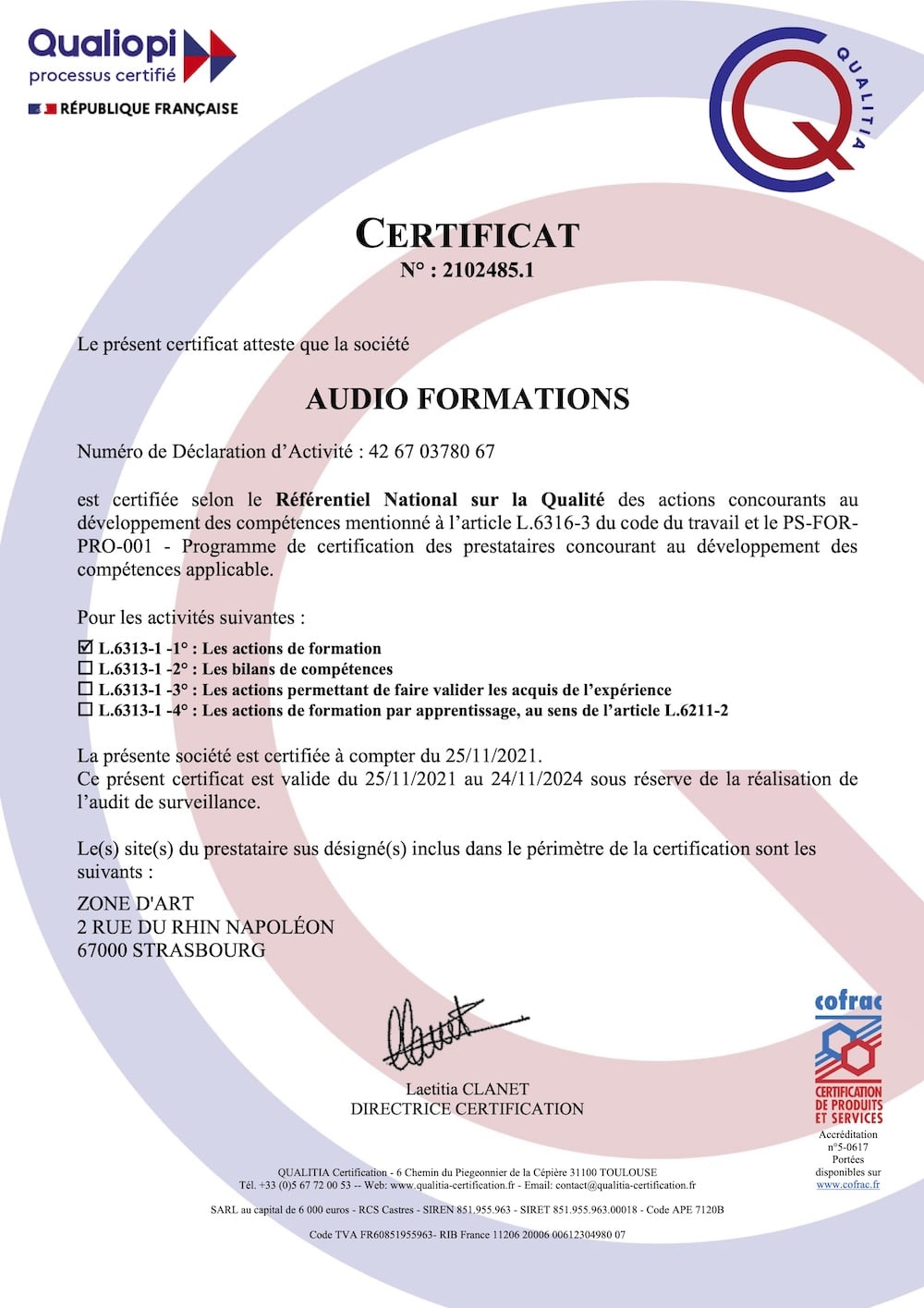 Certificat de conformité Qualiopi - Audio Formations
