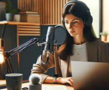 création de podcast : une podcasteuse devant son micro en train d'enregistrer son podcast