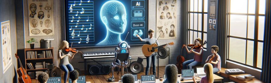 une classe de musique animée à l'aide de l'IA avec une image symbolique de l'IA au tableau
