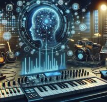 IA et musique : un studio musical avec des claviers et une image symbolisant l'intelligence artificielle