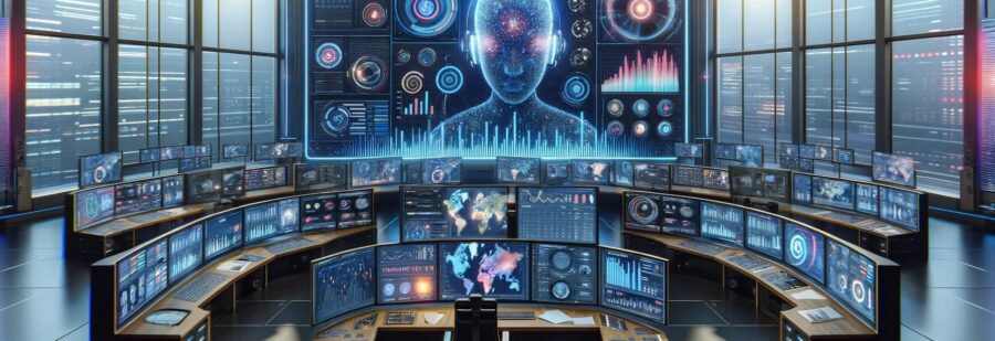 marketing musical et IA : un centre de contrôle de réseau avec des écrans et des statistiques pilotées par l'intelligence artificelle