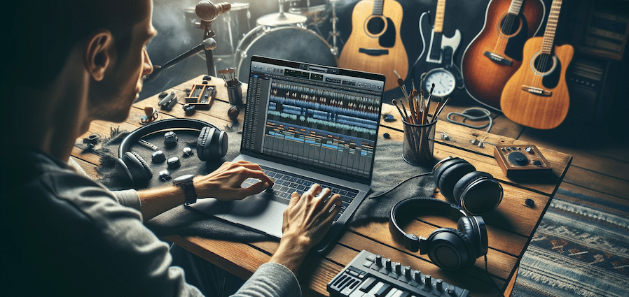 un musicien créatif dans son home studio travaille sur son laptop
